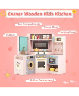 Corner Kitchen Toys with Lights & Sounds, Pull-Out Trash Can & Stove for Kids