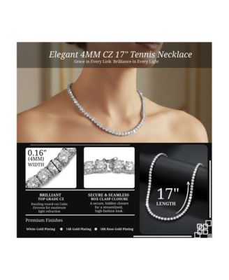 Rachel Glauber Elegant 4MM Clear Cubic Zirconia 17" Tennis Necklace