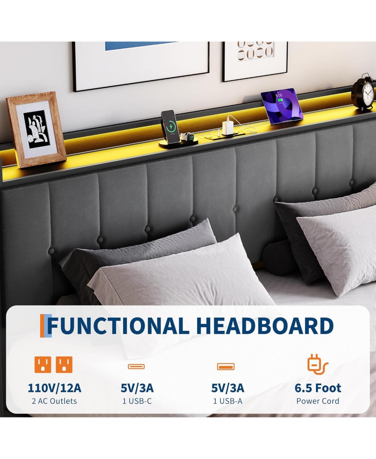 gaomon Bed Frame with Lift Up Storage, Upholstered Velvet Led Lights & Power Outlets, Hydraulic Support