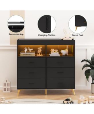 Dresser for Bedroom with 6 Drawers, Multi-Functional Nursery Dresser with LED Lights & Charging Station