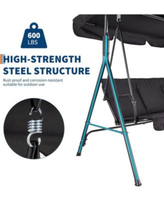 3-Seat Patio Swing Chair with Adjustable Canopy and Thick Waterproof Cushions, Outdoor Steel Frame Porch Swing for Garden, Lawn, Backyard