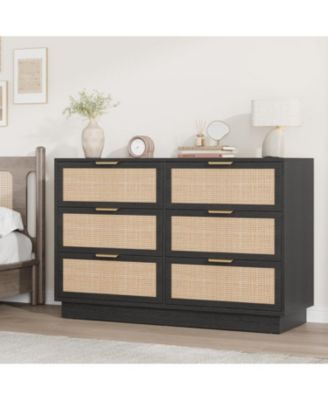 6 Drawer Rattan Dresser for Bedroom, Integrated Cabinet Body & Legs Design, Wooden Chest of Drawers for Hallways, Entryways and Closet