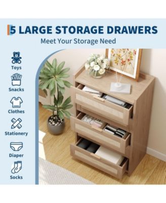 46" Tall Rattan Dresser with 5 Drawers, Wooden Chest of Dresser for Bedroom, Large Metal Handles Boho Night Stand Storage