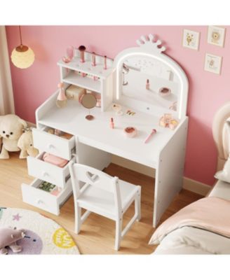 Kids Vanity Desk with Mirror and Lights, Princess Wooden Makeup Vanity with Chair, Storage Shelves and Drawers