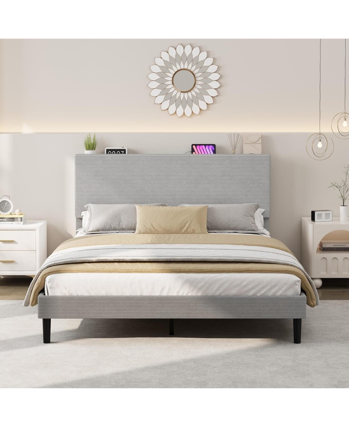gaomon Bed Frame with Charging Station, Corduroy Upholstered Platform Headboard and Storage Shelf, Solid Wood Slats