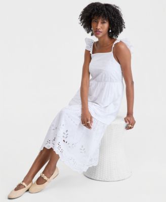 Women's Cotton Poplin Eyelet Pintucked Midi Dress