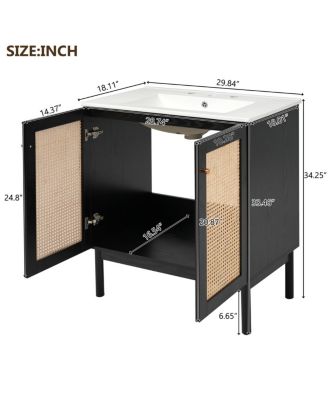 Modern Bathroom Vanity with Ceramic Sink, Bamboo & MDF, Soft Close Rattan Doors,  Freestanding Storage Cabinet for Small Spaces