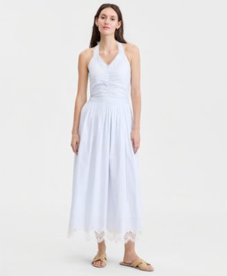 Women's Cotton Maritime Stripe Halter Lace-Trim Midi Dress