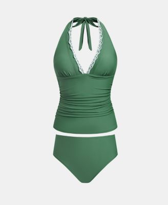 Women's V-Neck Halter Tie Tankini Set with Full Coverage