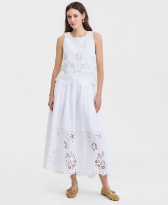 Women's Cotton Solid Eyelet Midi Skirt