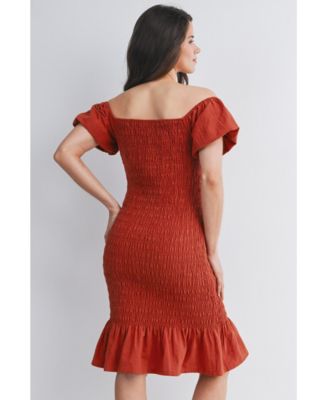 Maternity Off-the-Shoulder Smocked Bodycon Midi Dress with Ruffle Hem