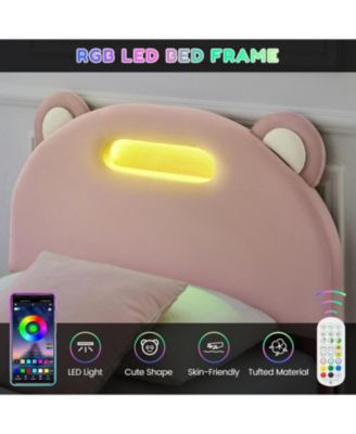 Bed Frame with LED Lights, Upholstered Platform Bed with Headboard & Wooden Slats Support, Noise-Free, No Box Spring Needed