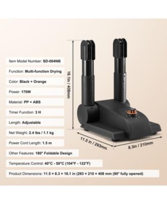 180degree(s) Foldable 2-Tube Shoe Dryer with Timer, Portable Boot Dryer with Heat Blower, V0 Flame-Retardant PP