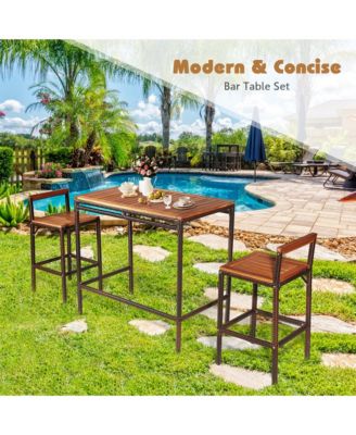 3PCS Patio Bar Set Dining Set Outdoor Furniture Set w/ Wooden Tabletop