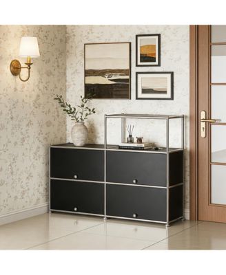 Multi-Purpose Storage Cabinet with Double Drawers and Open Display Shelf, Modern Metal Frame Console for Entryway or Living Room