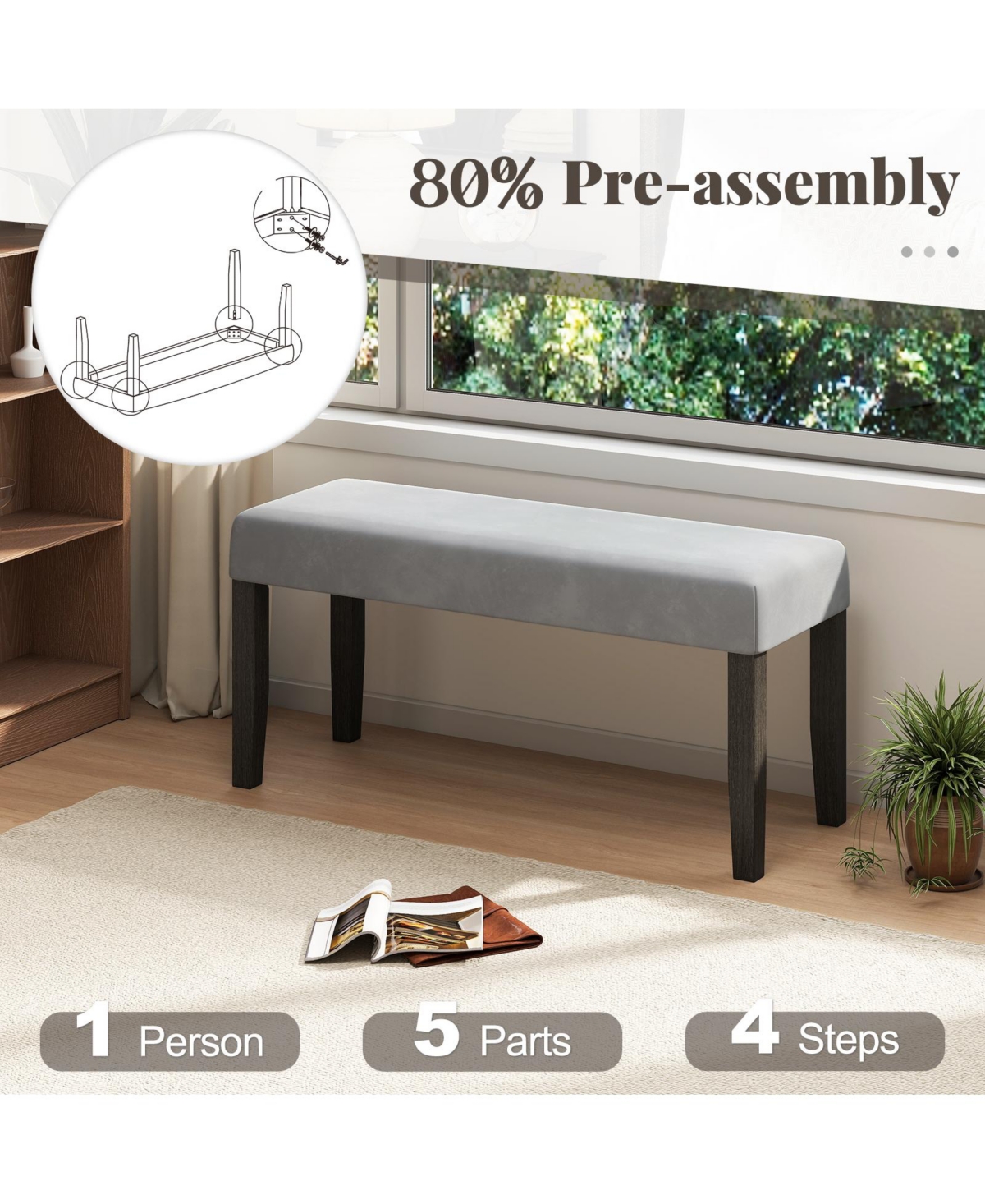 Gymax Upholstered Bedroom Bench w/ Padded Seat & Solid Wood Legs for Dining Room