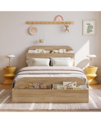 Bed Frame, Wooden Beds with Storage Headboard and Raised-Foodboard, Floor Low Platform Bed for Bedroom, No Box Spring Needed