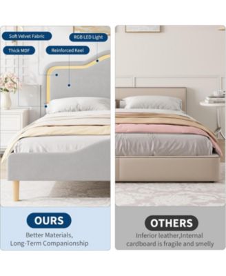 Bed Frame Adjustable LED Headboard Velvet Upholstered Platform Wooden Slats No Box Spring