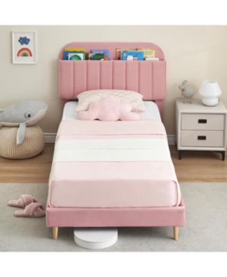Bed Frame Bookcase Headboard Upholstered Platform No Box Spring Wooden Slats Support