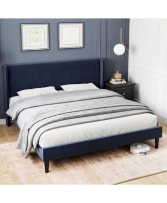 Queen Upholstered Platform Bed Wingback Headboard Velvet 2 Storage Pockets Wooden Slat Support Box Spring Optional