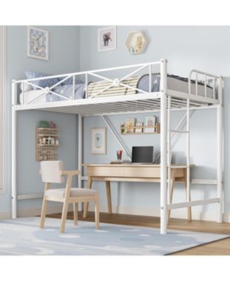 Metal Loft Bed Twin Size, Industrial Loftbeds Heavy Duty Bed with Safety Guard Rails and Space-Saving Design, Steel Bed for School