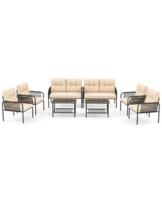 8 PCS Patio Furniture Set with Loveseat Tempered Glass Coffee Table & Soft Cushions