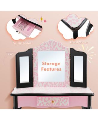 Kid Vanity Set Wooden Makeup Table Stool Tri-Folding Mirror