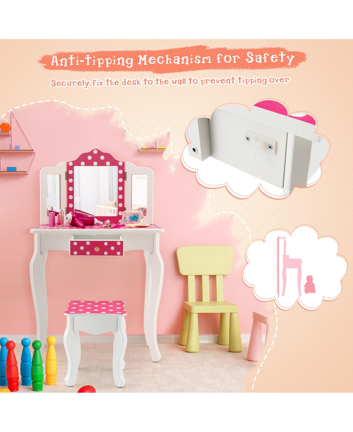 Costway Kid Vanity Set Wooden Makeup Table Stool Tri-Folding Mirror