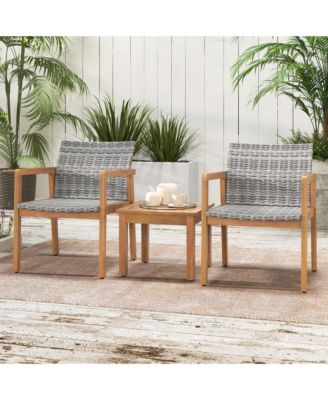 3 PCS Outdoor Furniture Set, Acacia Wood Frame Sofa Set with Rattan Seat