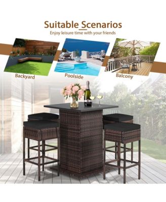 5PCS Patio Rattan Bar Table Stool Set Hidden Storage Shelf Cushion