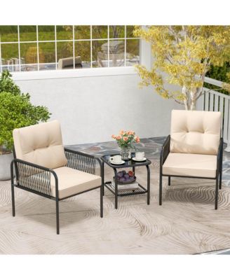 3 PCS Patio Bistro Set with Tempered Glass Table Chairs Back and Seat Cushions
