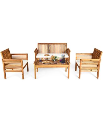 4 PCS Outdoor Acacia Wood Sofa Furniture Set Cushioned Chair Coffee Table Garden