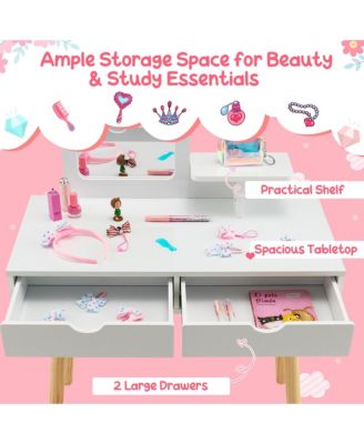 Kid Vanity Table Chair Set with Mirror Large Storage Drawers Wooden Legs