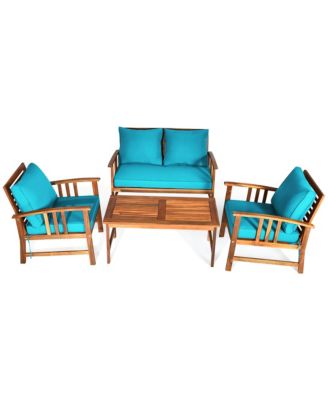 4PCS Wooden Patio Furniture Set Table Sofa Chair Cushioned Garden