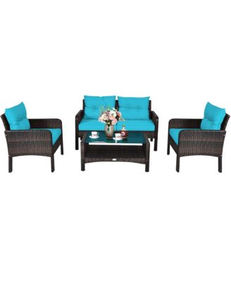 4PCS Patio Rattan Furniture Set Loveseat Sofa Coffee Table