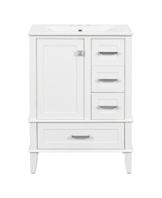 24.8" Bathroom Vanity with Ceramic Sink, Modern Freestanding Solid Wood MDF Cabinet, 3 Drawers Soft Close Door for Small Spaces