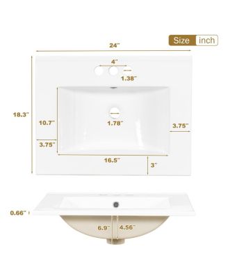 24.8" Bathroom Vanity with Ceramic Sink, Modern Freestanding Solid Wood MDF Cabinet, 3 Drawers Soft Close Door for Small Spaces