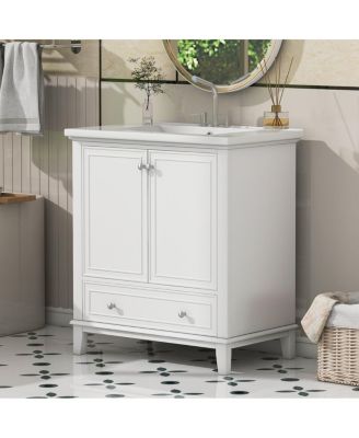 Bathroom Vanity with Ceramic Sink, Adjustable Shelf, Multi-Functional Storage, Solid Wood & MDF