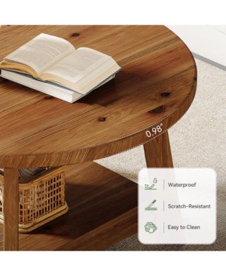 Solid Wood Round Coffee Table for Living Room, 31.5” Farmhouse Wooden 2-Tier Circle Center Cocktail Accent Table
