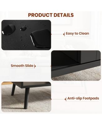 Coffee Table with Storage, Accent Center Table with Sliding PE Rattan Woven Door Panel and Wood Legs