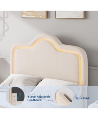 Upholstered Princess Platform Bed Frame with RGB LED Lights, Adjustable Velvet Headboard, Wooden Slat Support, No Box Spring Needed.