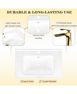 27.8" Rectangular Ceramic Bathroom Sink, Modern Vessel Basin with Overflow for Vanity Cabinet