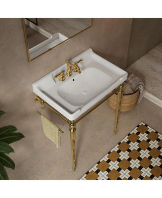 28" Bathroom Console Sink with White Ceramic Vanity, Wall Mounted Basin & Stainless Steel Legs, Towel Bar Included