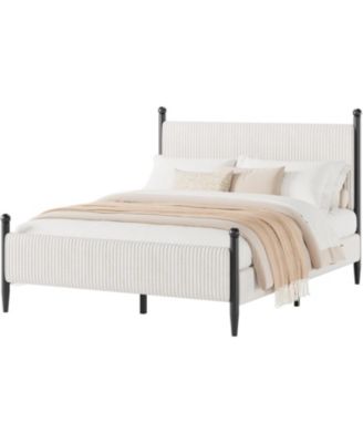 Full Bed Frame with Velvet Upholstered Corduroy Headboard, Wooden Slats Support and Heavy-Duty Platform Design