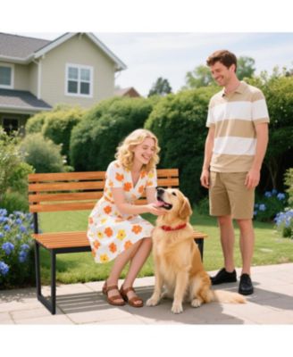 Acacia Wood Outdoor Bench Loveseat with Backrest and Metal Frame