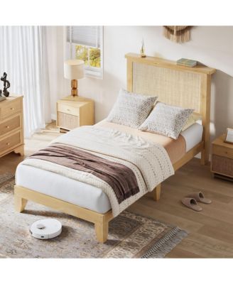 Rattan Bed Frame with Solid Wood Foundation & Natural Rattan Headboard and LED Lights