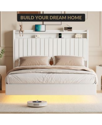 Floating Bed Frame Queen RGB LED Lights Charging Station 50 Headboard Leather Upholstered Platform No Box Spring