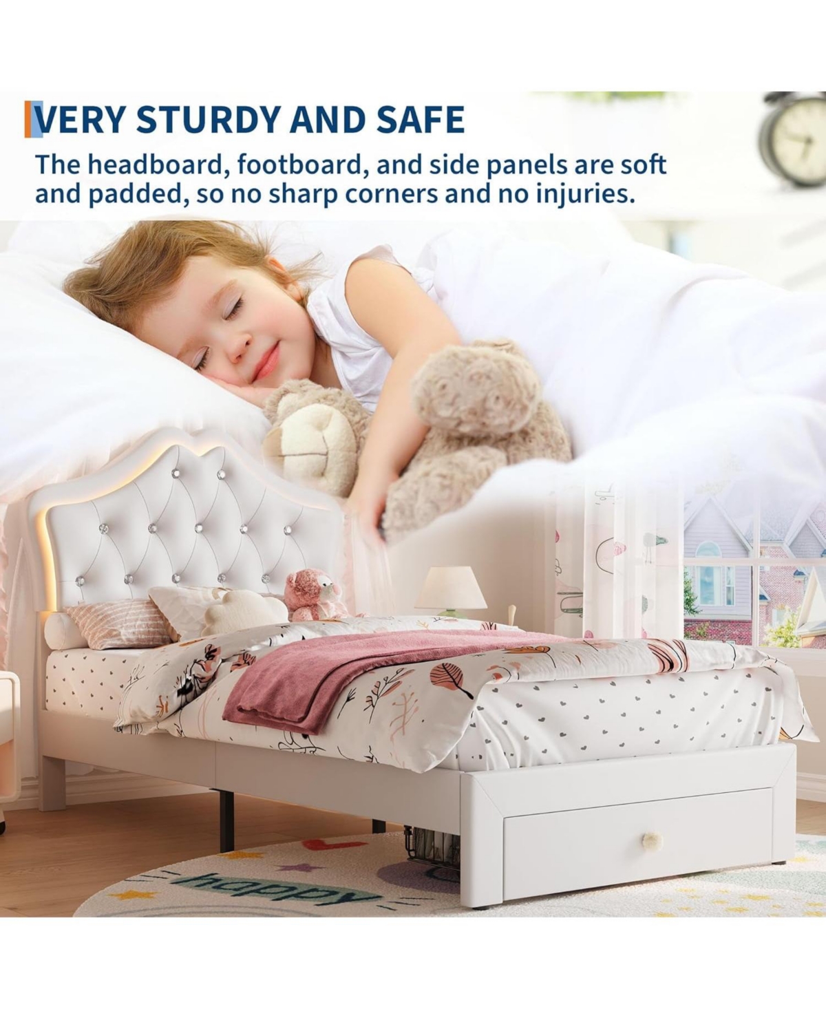 gaomon Twin Velvet Upholstered Platform Led Lights Crystal Button Headboard Storage Drawer Noise-Free No Box Spring