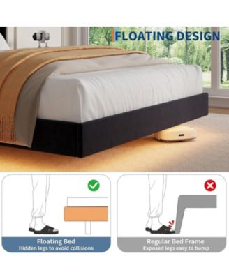 Full Floating Bed Frame LED Lights Velvet Upholstered Platform Bed Storage Headboard Noise-Free No Box Spring