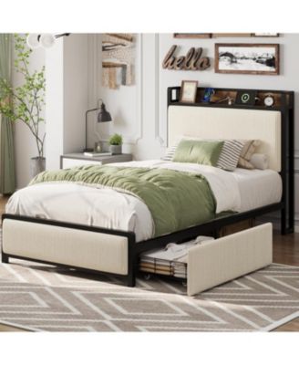 Bed Frame 2 Storage Drawers Charging Station Linen Upholstered Platform Headboard Heavy Duty Noise Free No Box